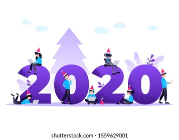 Flat design New Year vector concept. Preparing to meet 2020 new year. Business people with the numbers 2020. Company team are preparing to meet the new year over purple background