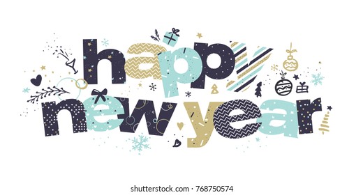 Flat design New Years greeting card. Vector illustration concept for greeting cards, website and mobile banners, marketing material.