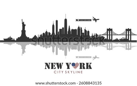 Flat design of New York skyline in black and white tones, complete with famous landmarks and mirrored water reflection. New York city landmarks vector illustration. 