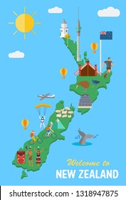 Flat design , New Zealand's map, landmarks and icons