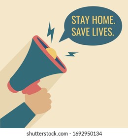 flat design news Massage & announcement. human hand hold loudspeaker vector. announce Megaphone stay home save lives stay safe from coronavirus outbreak pandemic graphic isolated cartoon illustration