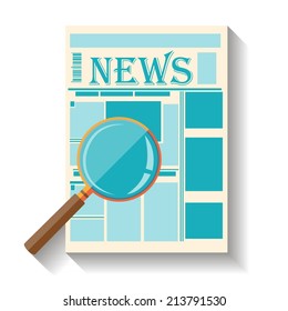 Flat design of newspaper icon isolated on white background with long shadow. News Search.