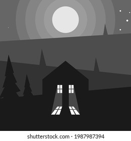 Flat design night Landscape with moon, trees, home vector illustration