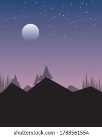 FLAT DESIGN OF NIGHT SCENE with mountain and moon view