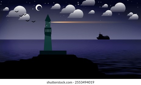 Flat design night seascape. A lighthouse with a spotlight on an island in the sea against the background of a ship, night sky with the moon, stars, clouds, flying birds. Vector.