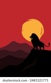 Flat Design Night Silhouette Landscape With Mountains and Lion