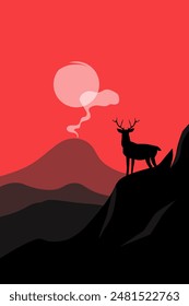 Flat Design Night Silhouette Landscape With Mountains and Moose