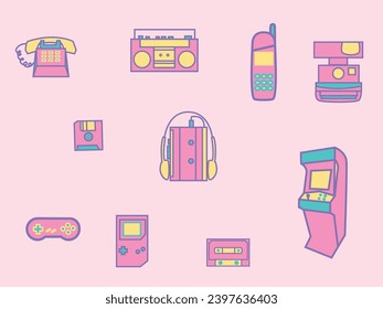 Flat design Nostalgic 90s technology icon doodle elements collection. Retro electronic vintage vector illustration 