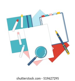 Flat design notepad, paper folder, pen and color sheets of paper isolated on white background with place for text. School vector background