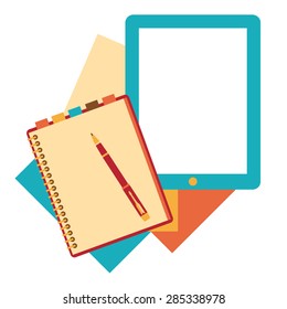 Flat design notepad, paper sheet isolated on white background whit place for text.