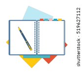 Flat design notepad and paper sheets isolated on white background whit place for text. School vector background with an open notebook.