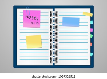 Flat design notepad and paper sheets whit place for text. sticky colorful tape on grey background isolated realistic vector illustration