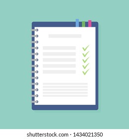 Flat design notepad and paper sheets isolated on white background whit place for text. School vector background with an open notebook.