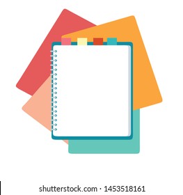 Flat design notepad and paper sheets isolated on white background whit place for text. School vector background with an open notebook.