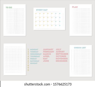 Flat design Notepad and paper sheets. School vector background with open notebook. Daily planner for every day.