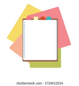 Flat design notepad and paper sheets isolated on white background whit place for text. School vector background with an open notebook.