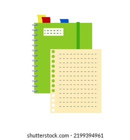 Flat design notepad and paper sheets arranged on a white background with space for text. School vector background with open notebook. School notebook. 
Diary with bookmarks