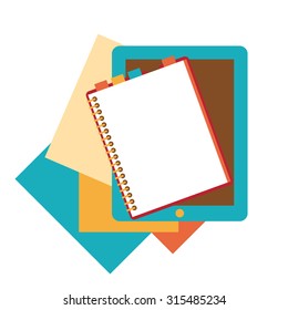 Flat design of notepad, paper sheets and tablet isolated on white background whit place for text.