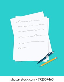 Flat design notepad and paper sheets isolated on white background whit place for text. School vector background with an open notebook.