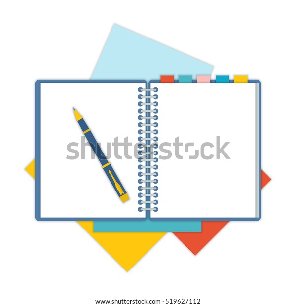 白い背景にテキスト用に配置するフラットデザインのメモ帳と紙 開いたノートブックのある学校のベクター画像の背景 のベクター画像素材 ロイヤリティフリー