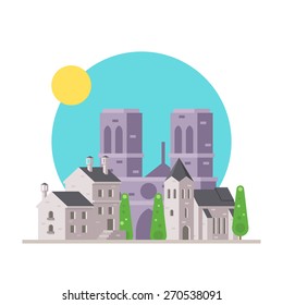 Flat design of Notre Dame France with village illustration vector