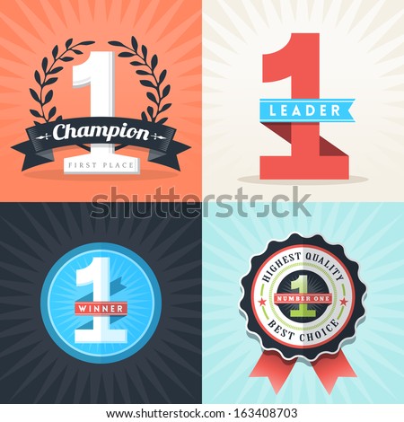 Flat Design Number One First Place Winner ribbons and badges