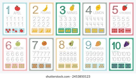 flat design number tracing counting flashcard printable for kids fun learning