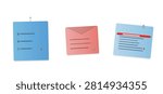 Flat design objects collection, blue checklist, red envelope, blue notepad with paperclip. Simple illustrations on white background.