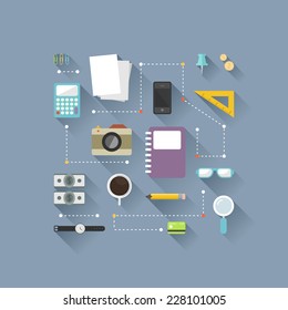 Flat design objects on work desk, cup, smart phone, photo camera, magnifying glass, calculator, ruler vector illustration 