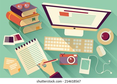 Flat design objects, work desk, long shadow, office desk, computer and stationery