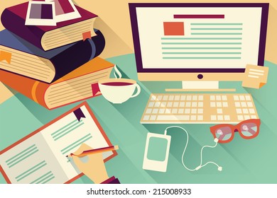 Flat design objects, work desk, office desk, books, computer and stationery