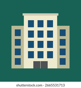 Flat Design Office Building Illustration Simple Vector Graphic of a Corporate Building Against a Teal Background in Minimalist Style