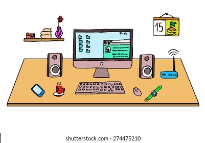 Flat design office desk, freehand drawing, vector, illustrator
