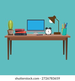 Flat Design Office Desk Setup Vector Illustration for Corporate Use