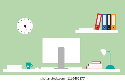 Flat design office illustration with white desk, computer with monitor, lamp and tea pot, shelf with files and books. Green wall with clock. - vector