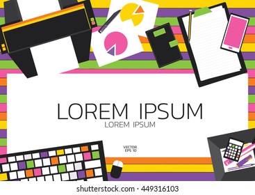 Flat design office object and white frame. office work desk concept.
