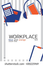 Flat design office objects blue and orange color tone. office work desk concept.