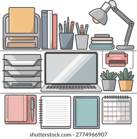Flat design office objects including technology and stationery for business and productivity concepts. Ideal for marketing materials.
