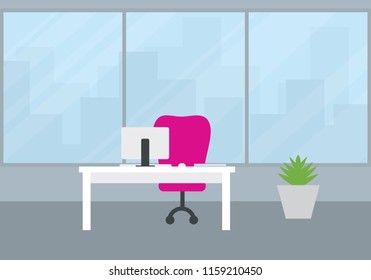 Flat design of an office with a view of the city behind a large window, a white desk with a computer, a keyboard and a mouse, and a red chair. Standing flower pot with green plant. Vector