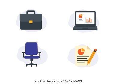 Flat Design Office and Work Tools Icon Set – Briefcase, Laptop, Office Chair, Report with Pencil