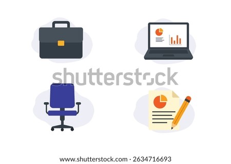 Flat Design Office and Work Tools Icon Set – Briefcase, Laptop, Office Chair, Report with Pencil