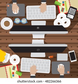 Flat Design Of Office Worker Desk With Office Supply Vector Illustration