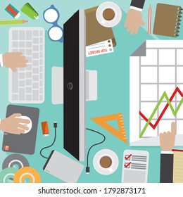 Flat Design Of Office Workers Desk With Office Supply Vector Illustration
