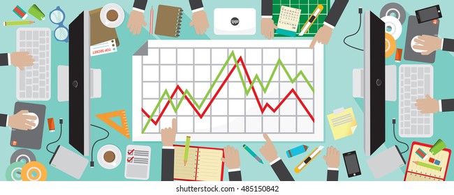 Flat Design Of Office Workers Desk With Office Supply Vector Illustration
