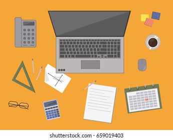Flat design office. Workplace with office desk, laptop, phone, calculator, documents.