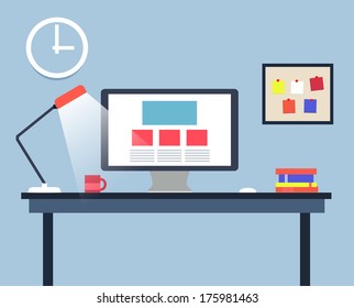 Flat design office, workspace.
