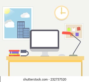 Flat design office, workspace. 