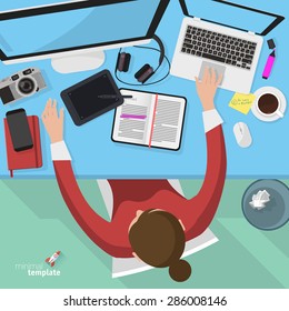 Flat design office workspace. Vector template.