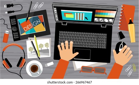 Flat design of office workspace, workplace of a businessman. Vector