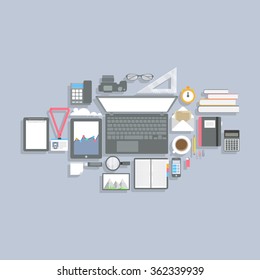 Flat design office worpkplace elements. Vector